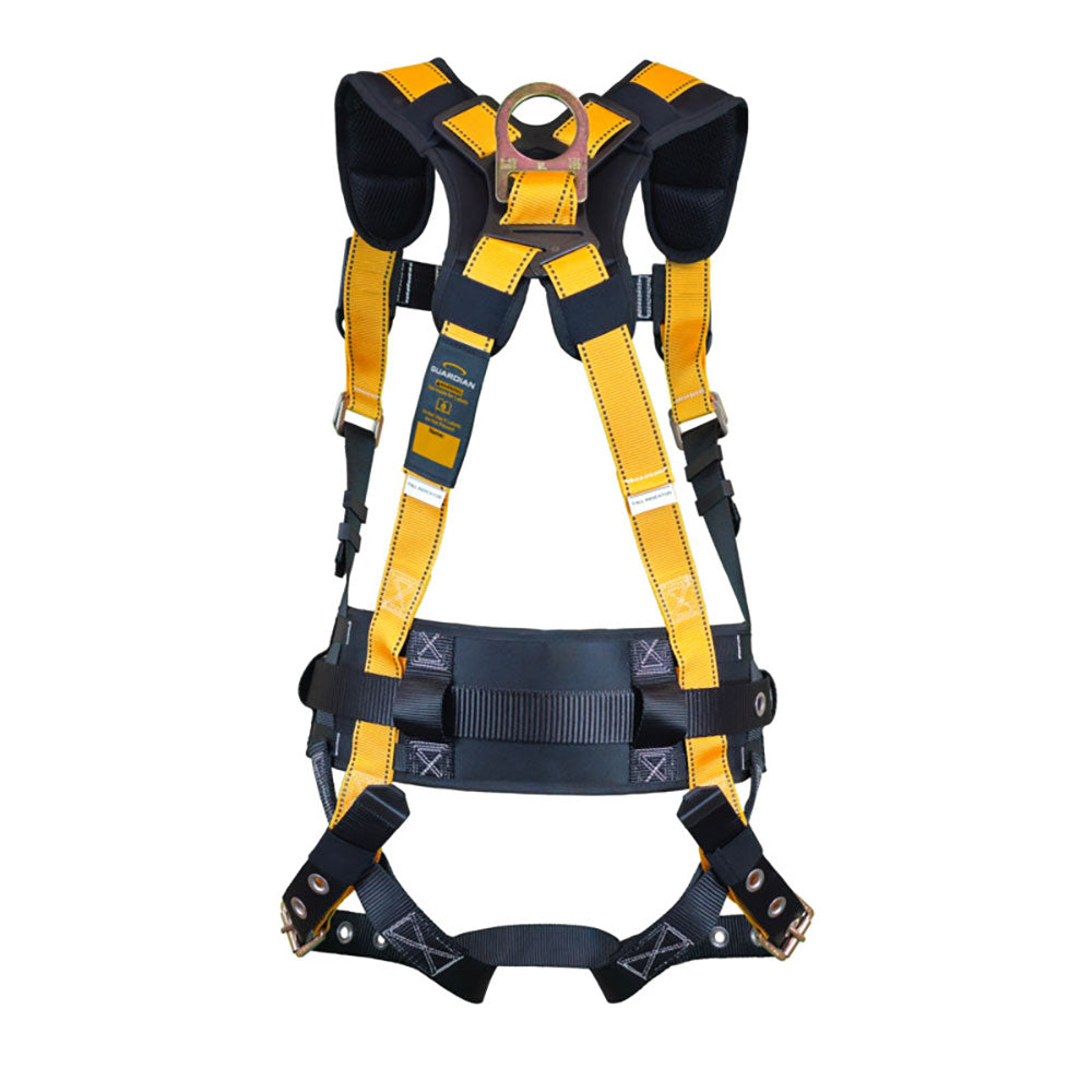 Safety harness with yellow and black straps on a white background